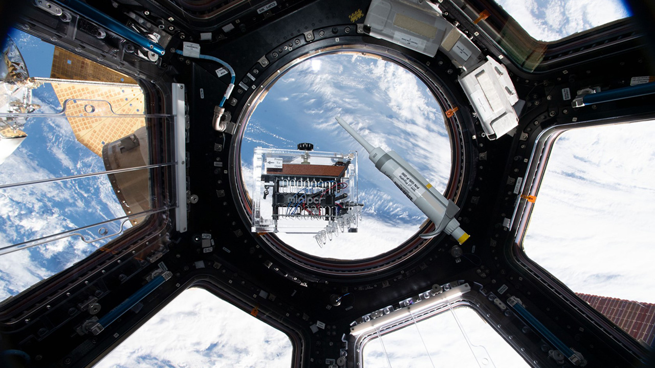 A view of the miniPCR device in the cupola on the International Space Station.