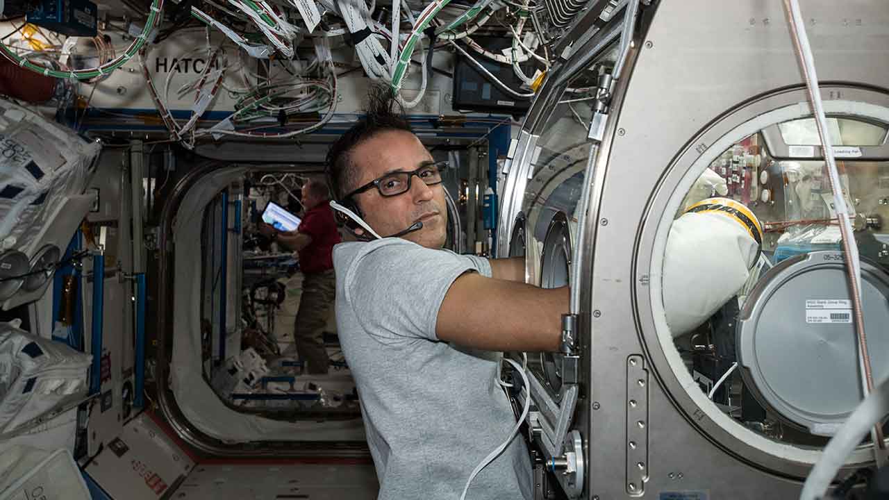 investment-joe-acaba-revbio NASA astronaut Joe Acaba conducts fluid exchange and sampling for the Assessing Osteoblast Response to Tetranite™ in Microgravity Conditions to Induce Osteoporosis (Synthetic Bone) investigation inside the Microgravity Science Glovebox (MSG) in the Destiny U.S. Laboratory aboard the International Space Station (ISS).